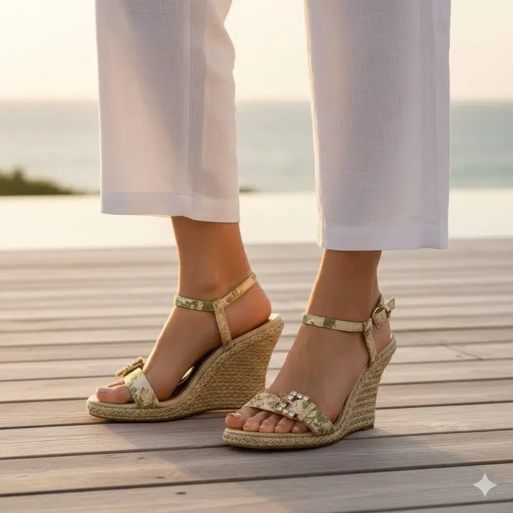laundry by Shellli Segal Gold Floral Wedges 9.5